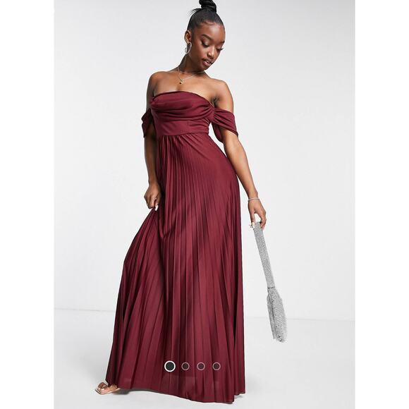 ASOS Draped Neck Off Shoulder Pleated Maxi Dress Size 10 Burgundy NEW - Picture 11 of 11